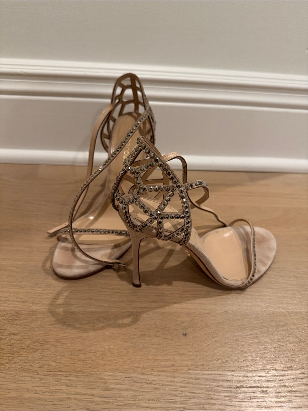 Sergio Rossi Beige Nude Crystal-Embellished Strappy High Heel Sandals
